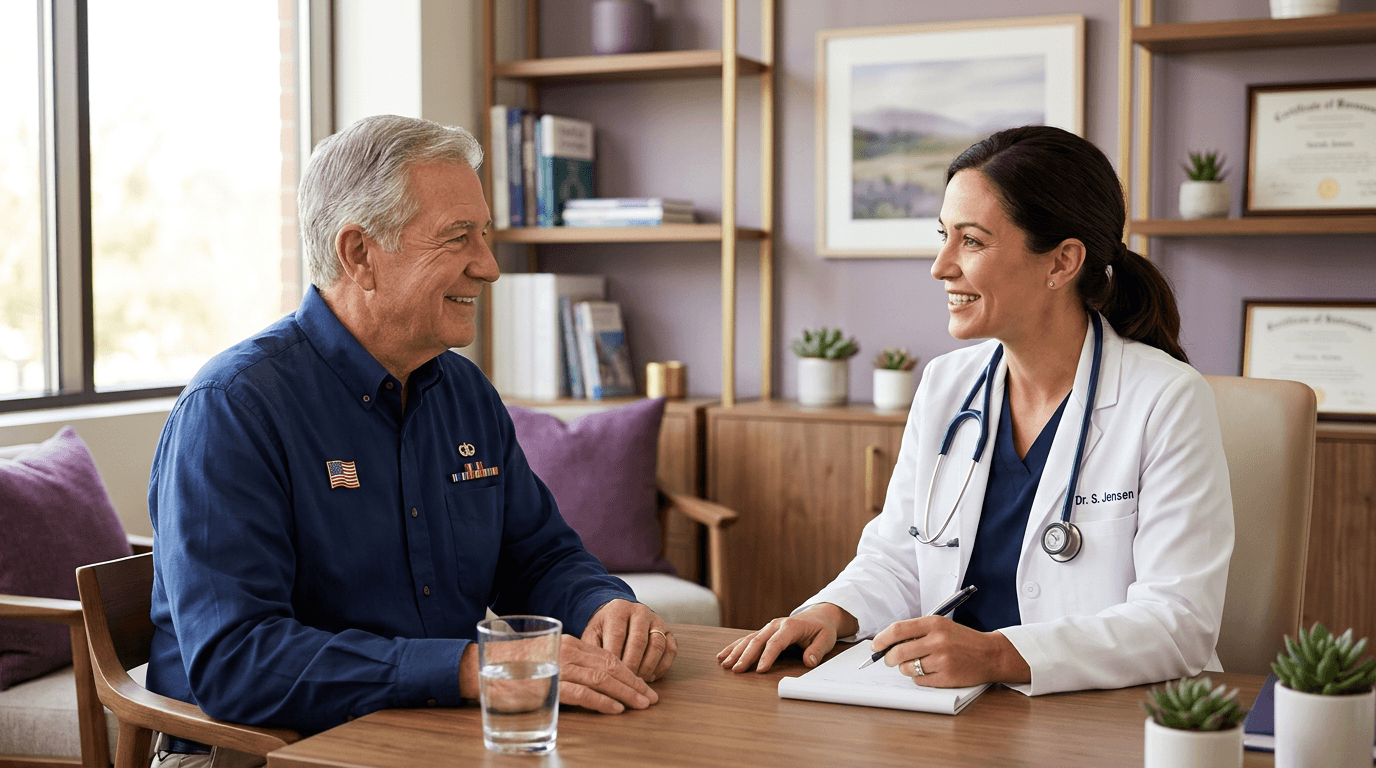 Clinician speaking with a patient in a calm, professional setting